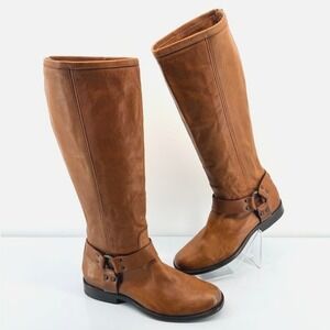 Frye Wide Calf Phillip Harness Tall Boots Cognac Brown Leather Back Zip 8 B EXT